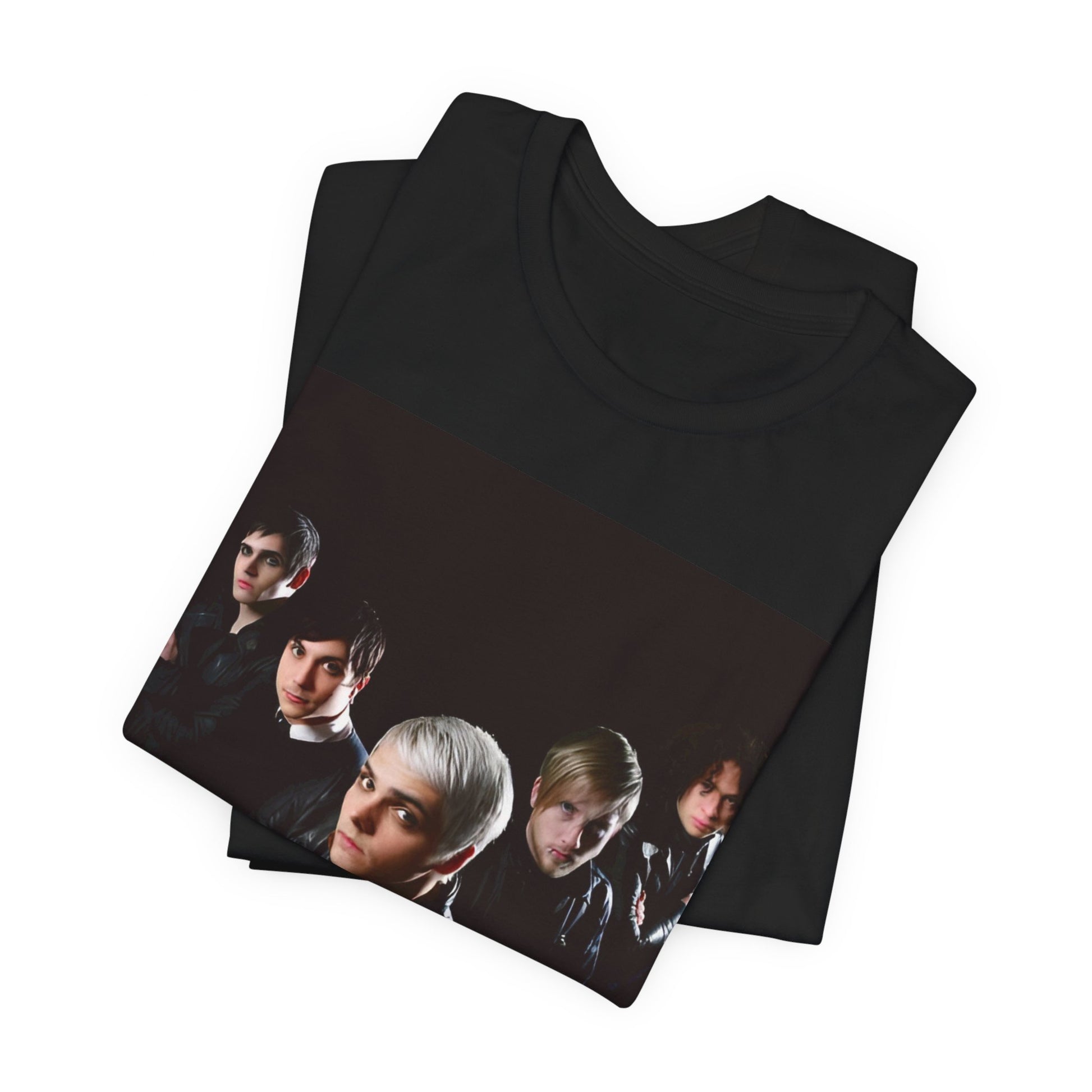 A black graphic t-shirt featuring a modern rock graphic of My Chemical Romance.