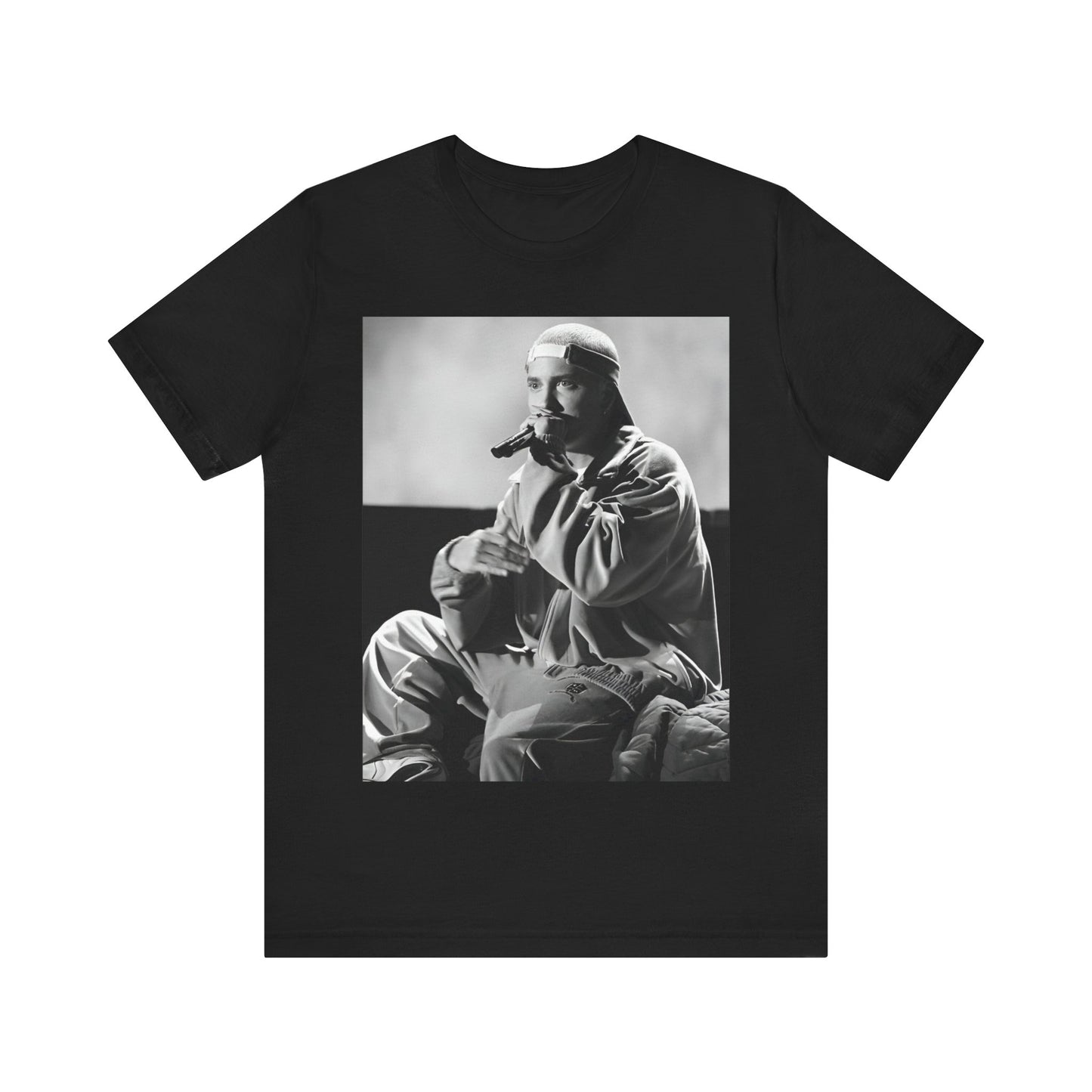 A black graphic t-shirt featuring a black and white graphic of Eminem as a 'Rap Messiah'.