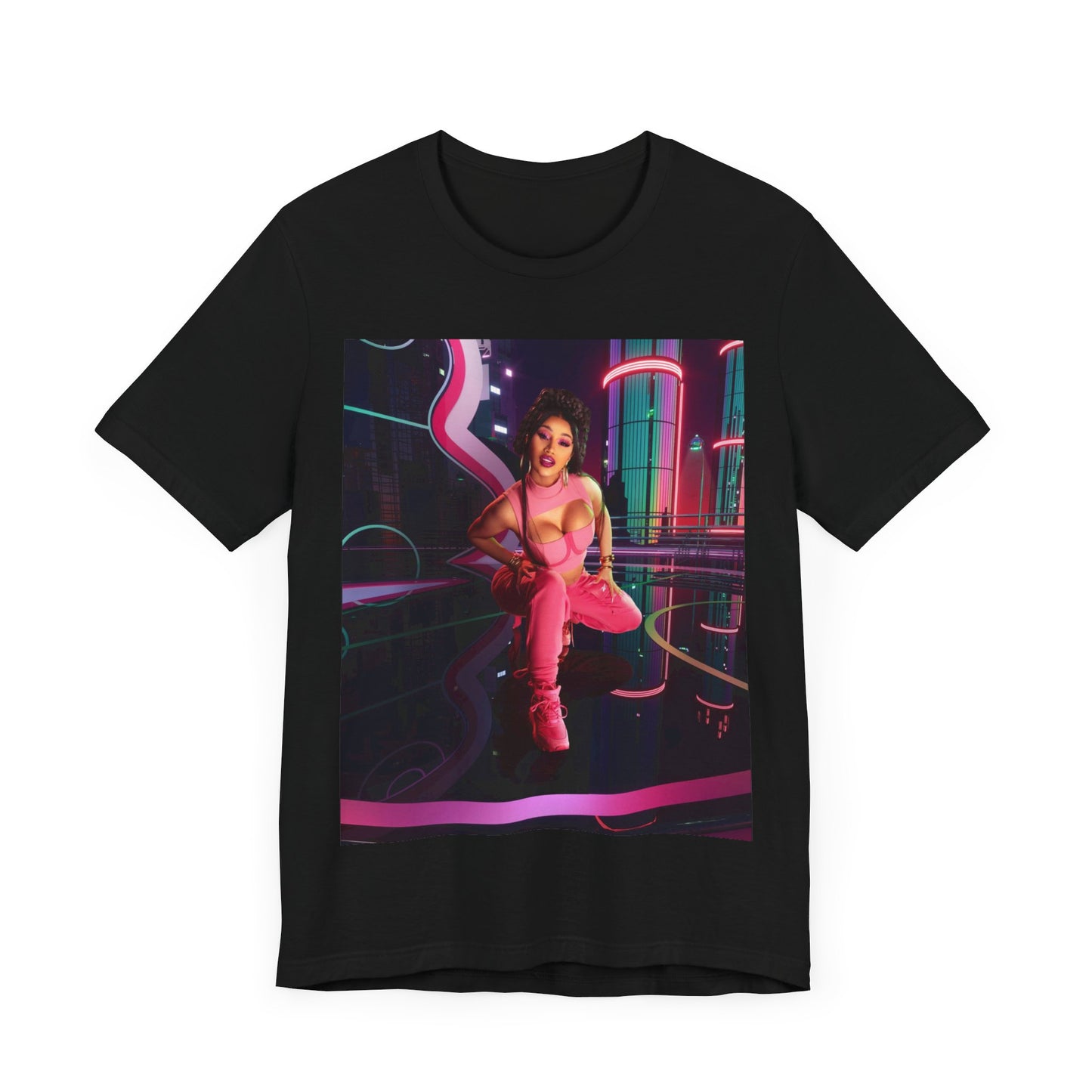 A black graphic t-shirt featuring a graphic related to Cardi B's "WAP" song or era.