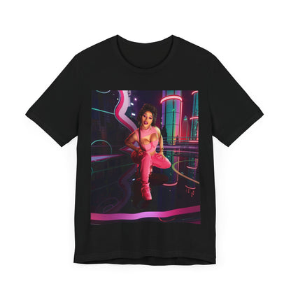 A black graphic t-shirt featuring a graphic related to Cardi B's "WAP" song or era.