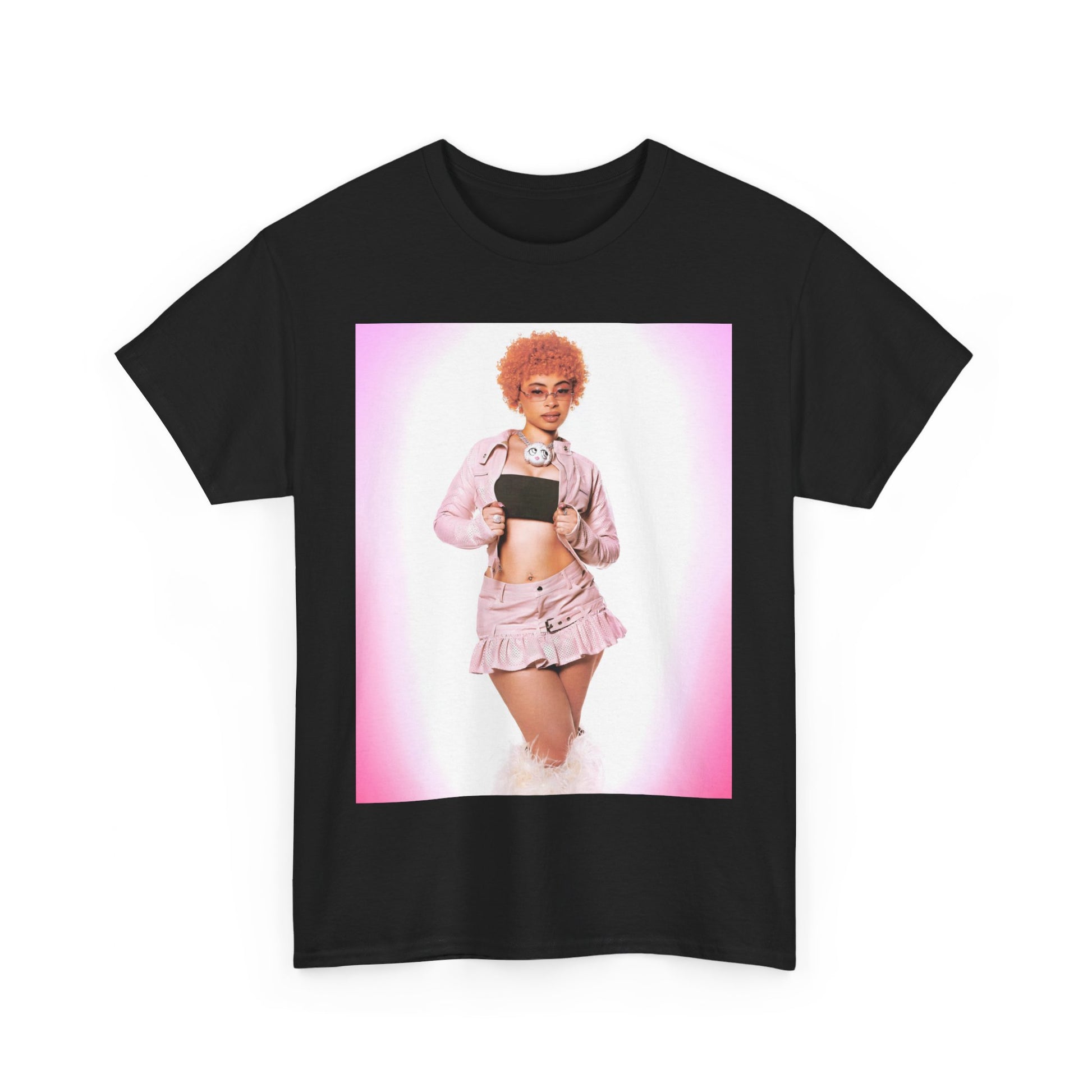 A black graphic t-shirt featuring a graphic of Ice Spice with prominent neon pink aesthetic elements.