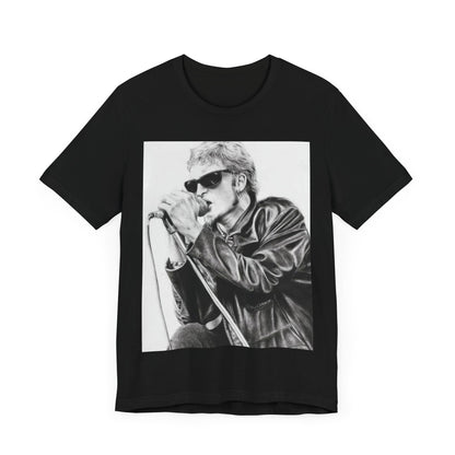A black graphic t-shirt featuring a photo of Layne Staley from Alice In Chains performing live in concert, showing his intense stage presence.