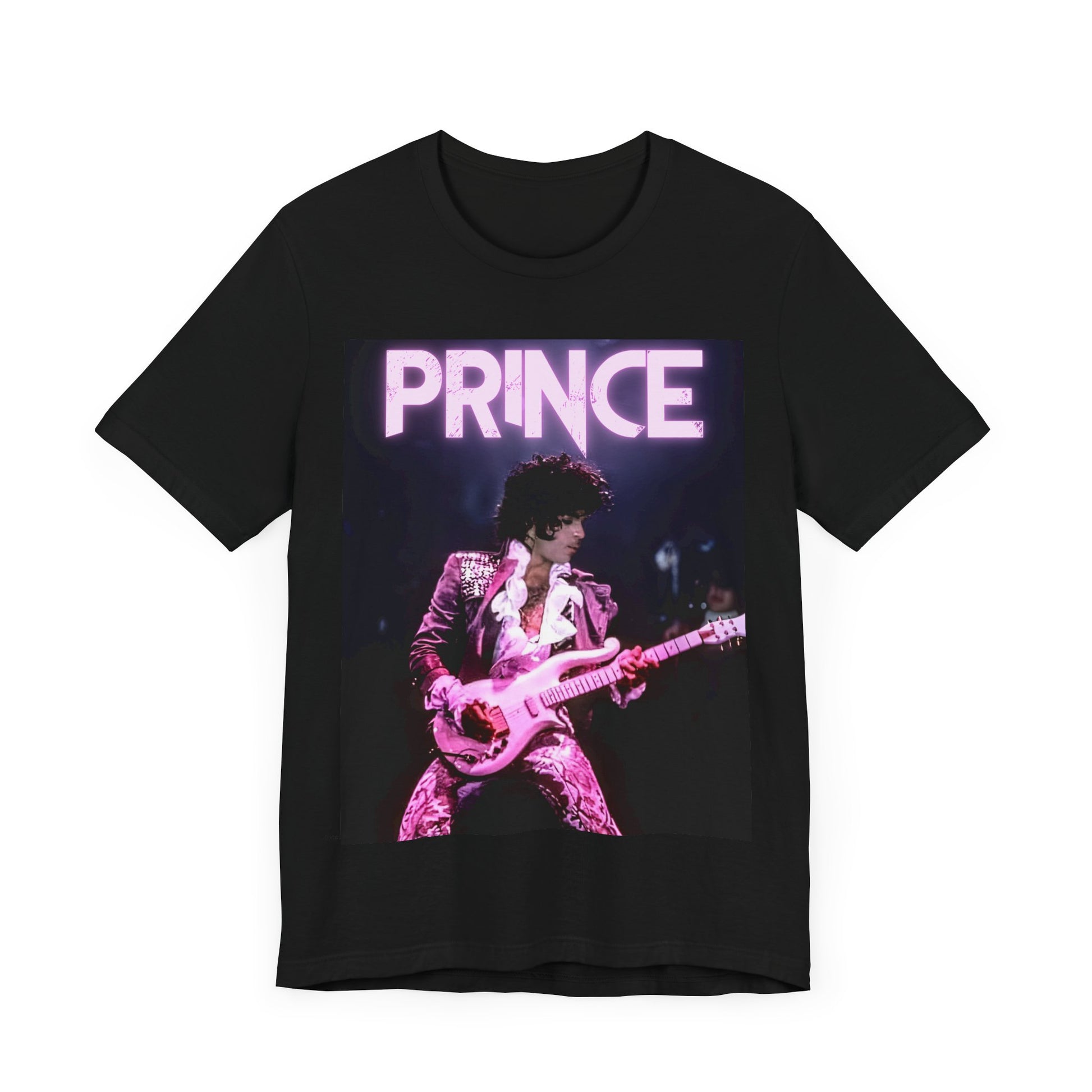A black graphic t-shirt featuring an 80s pop genius graphic of Prince.