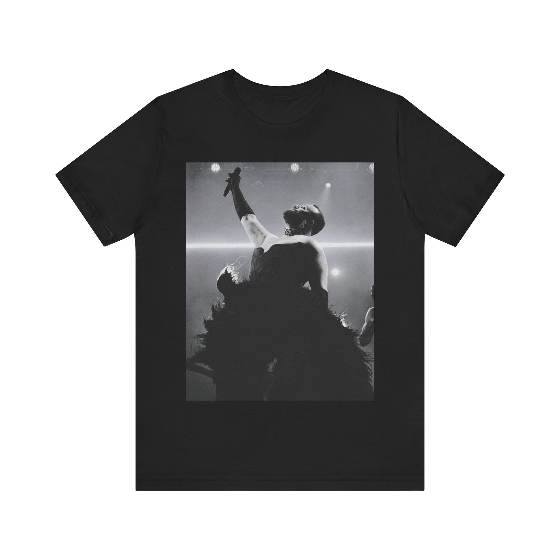 A black graphic t-shirt featuring an authentic live performance graphic of Sam Smith.