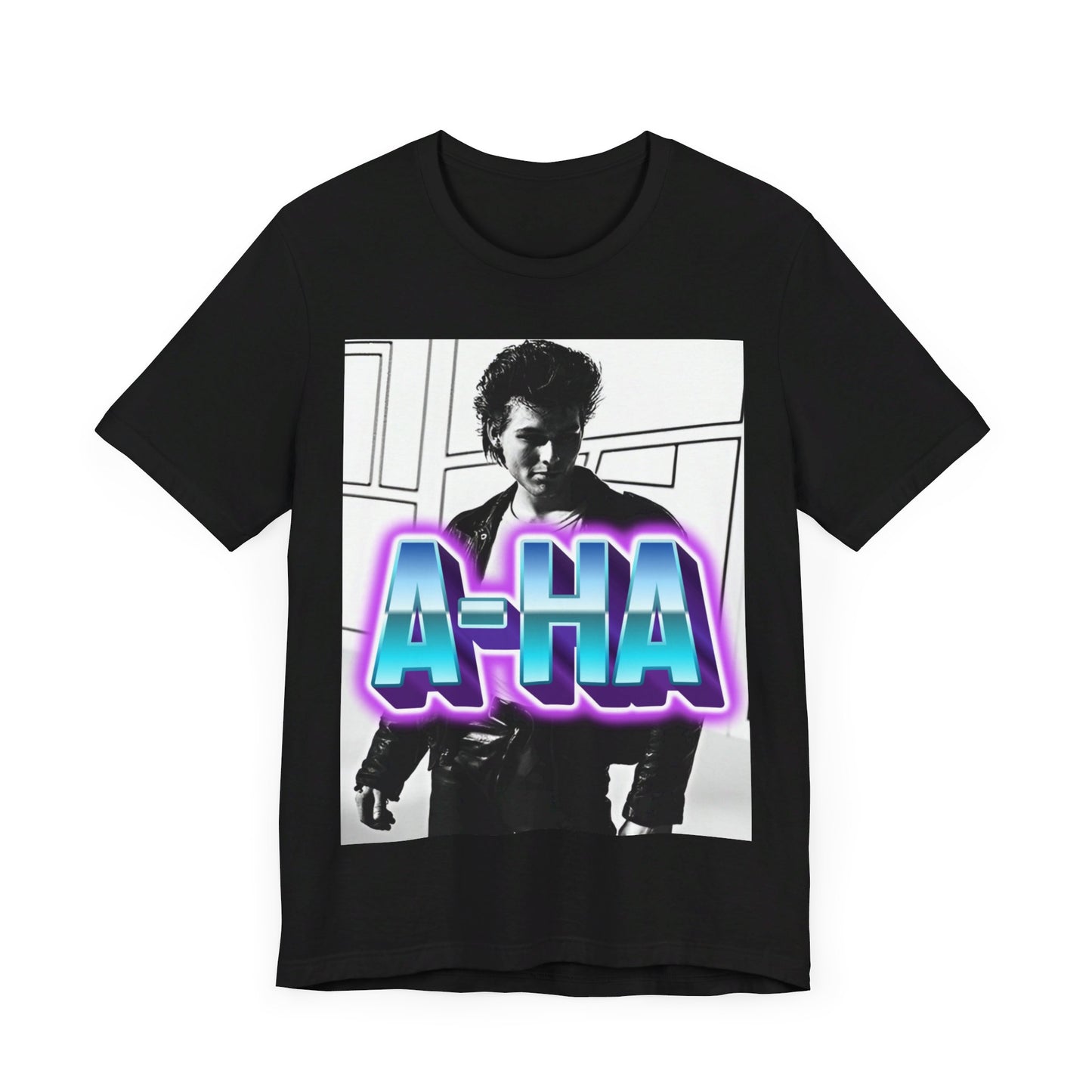 A black graphic t-shirt featuring a vintage 80s black and white photo of the band A-HA, capturing their iconic look.