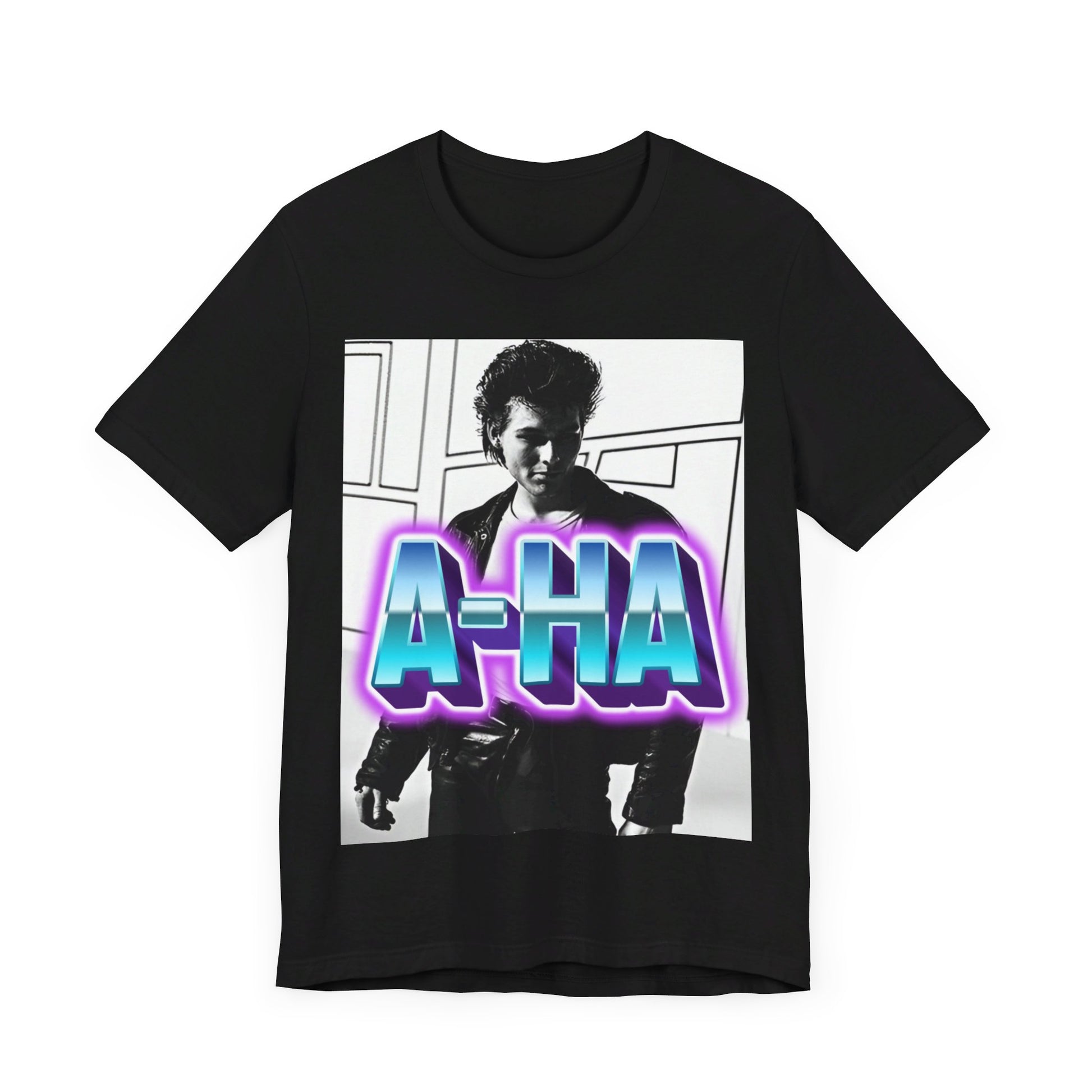 A black graphic t-shirt featuring a vintage 80s black and white photo of the band A-HA, capturing their iconic look.