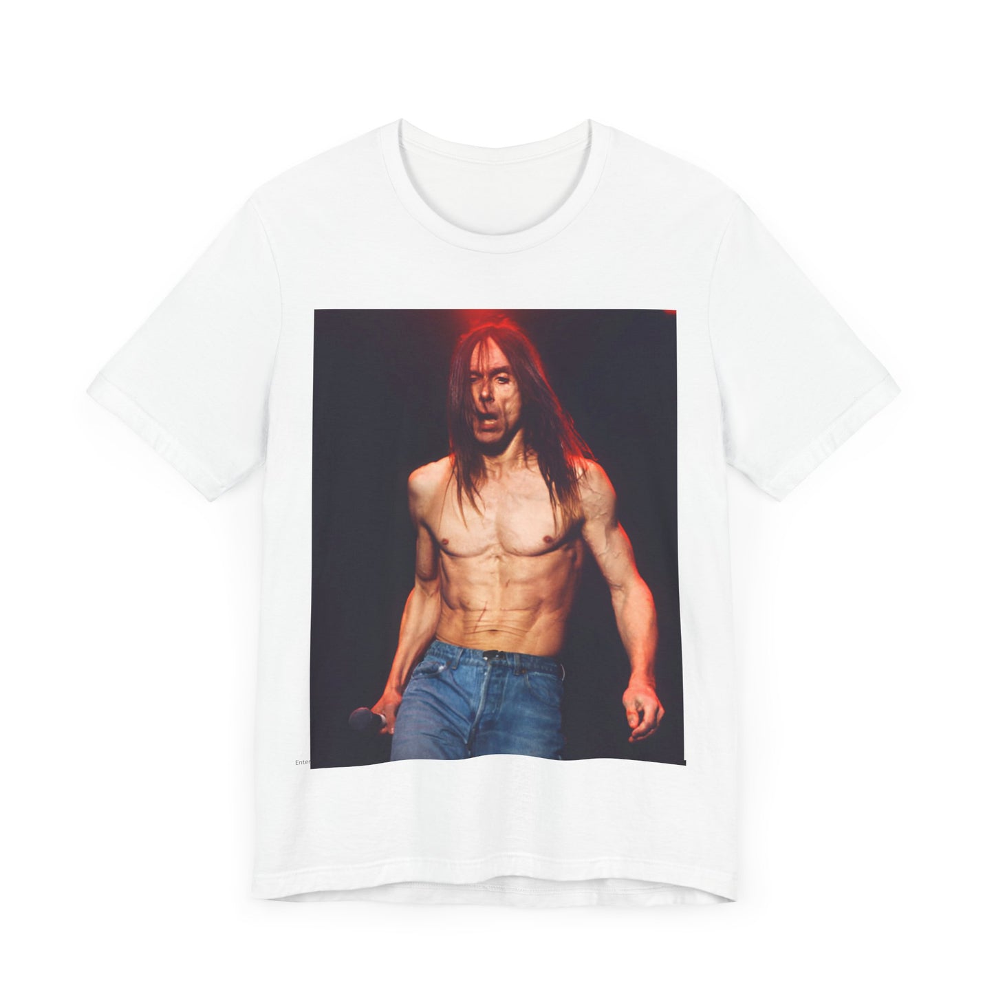 A black graphic t-shirt featuring a graphic related to Iggy Pop's 'Raw Power' era.