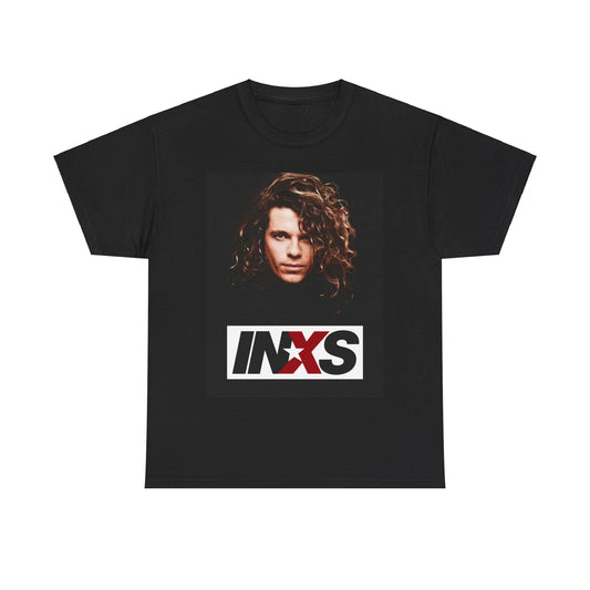 A black graphic t-shirt featuring a graphic of Michael Hutchence from INXS as a frontman legend.