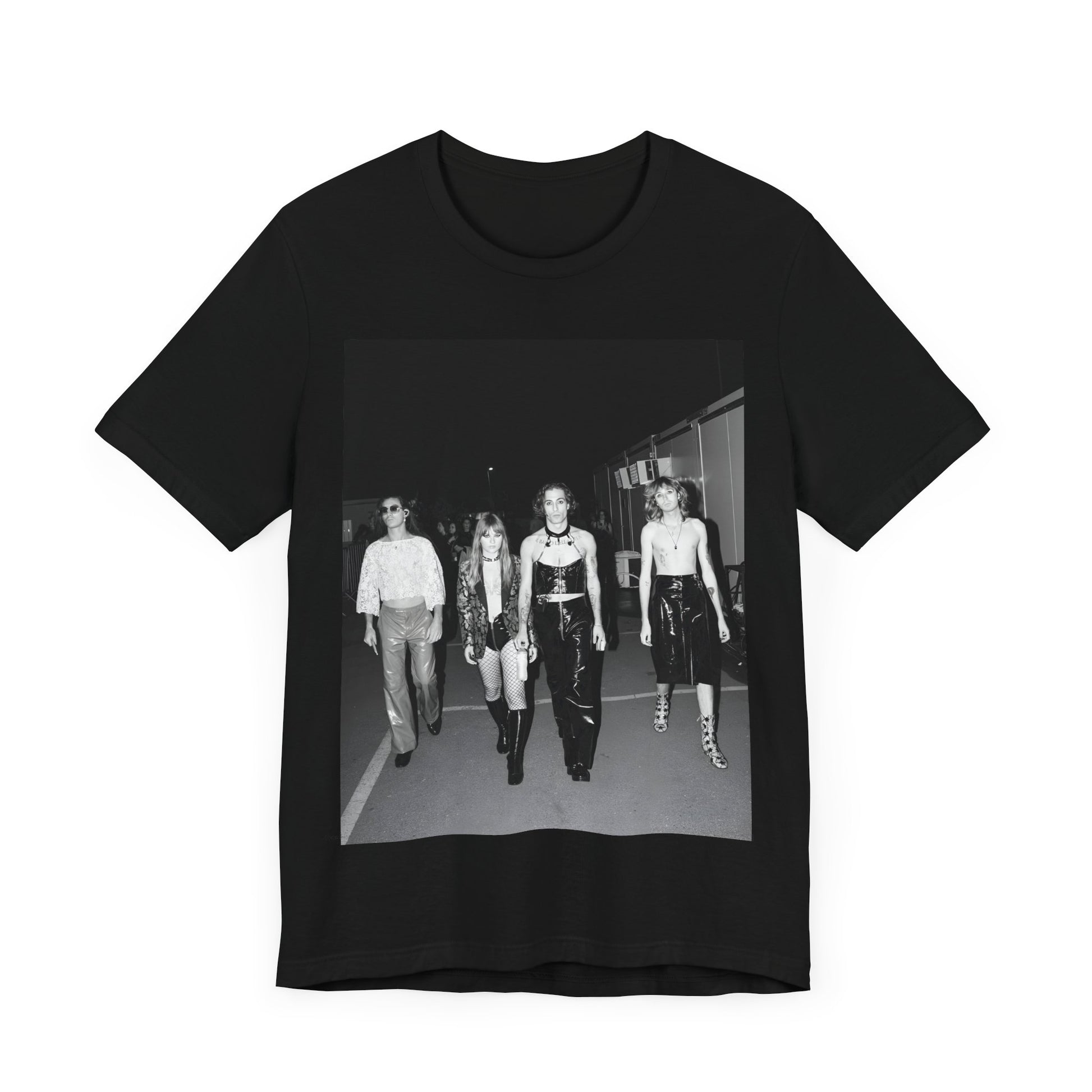 A black graphic t-shirt featuring a black and white, monochrome graphic or photo of Maneskin.