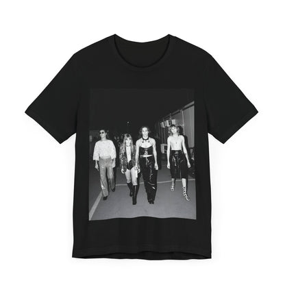 A black graphic t-shirt featuring a black and white, monochrome graphic or photo of Maneskin.