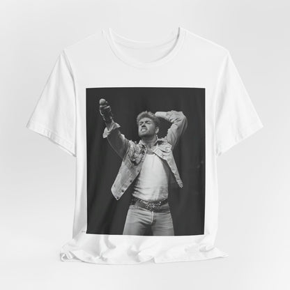 A black graphic t-shirt featuring a graphic or photo of George Michael performing live on stage.