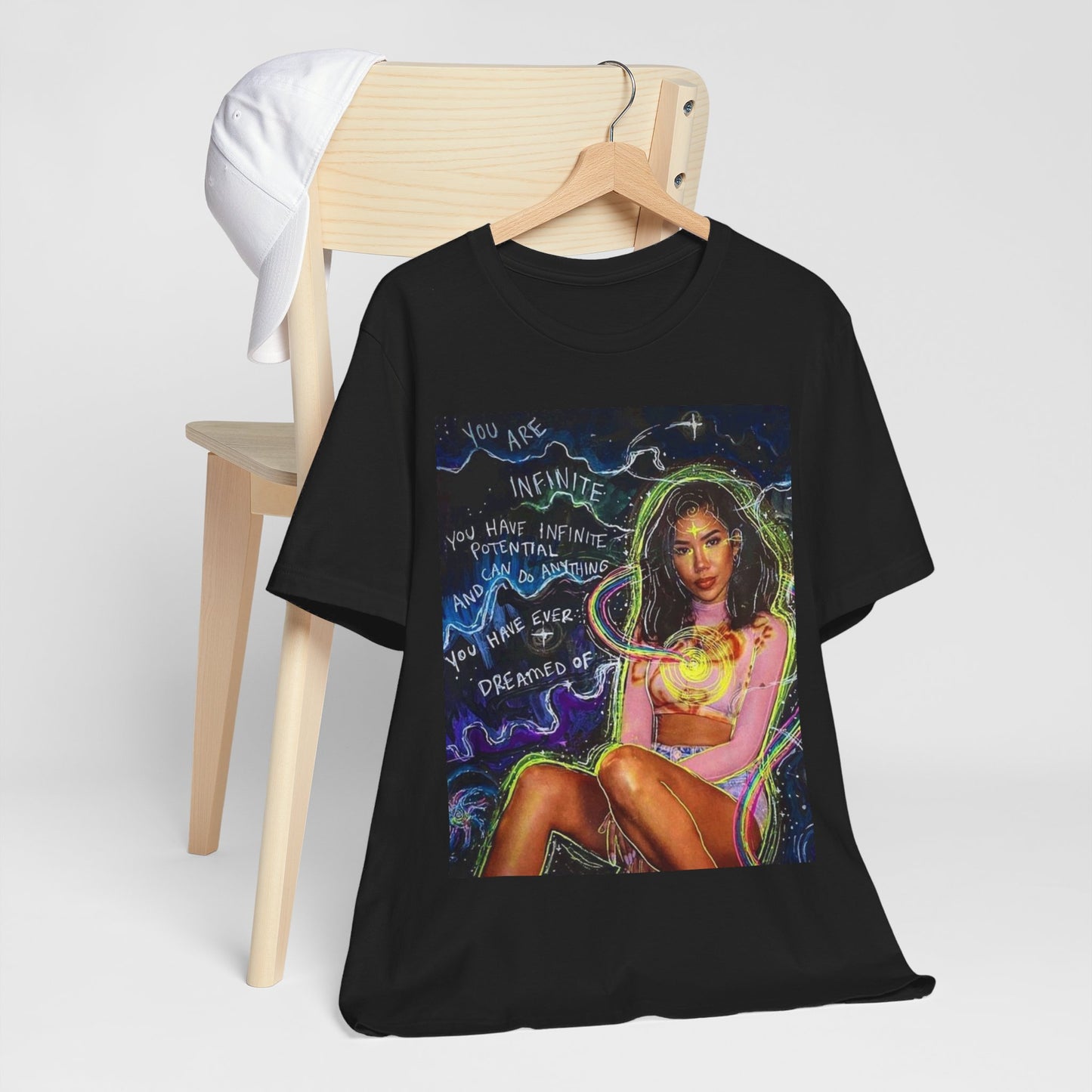 A black graphic t-shirt featuring a bold graphic of Jhene Aiko as an R&B superstar.