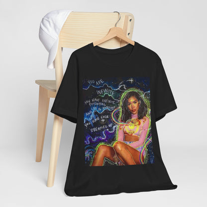A black graphic t-shirt featuring a bold graphic of Jhene Aiko as an R&B superstar.