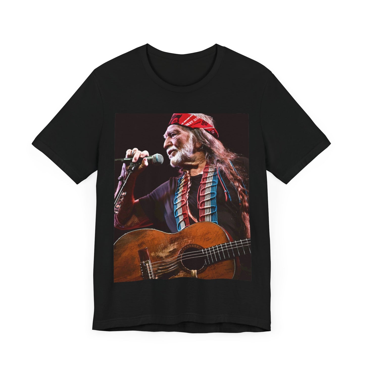 A black graphic t-shirt featuring a graphic of Willie Nelson with his iconic long hair and bandana.