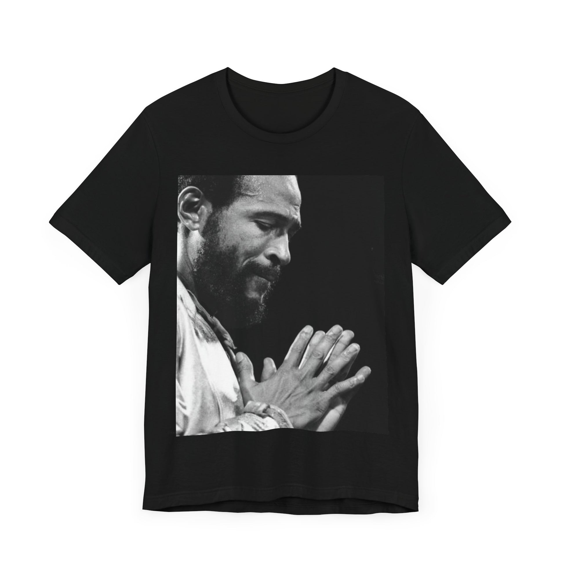 A black graphic t-shirt featuring a 70s graphic of Marvin Gaye emphasizing his soulful voice.