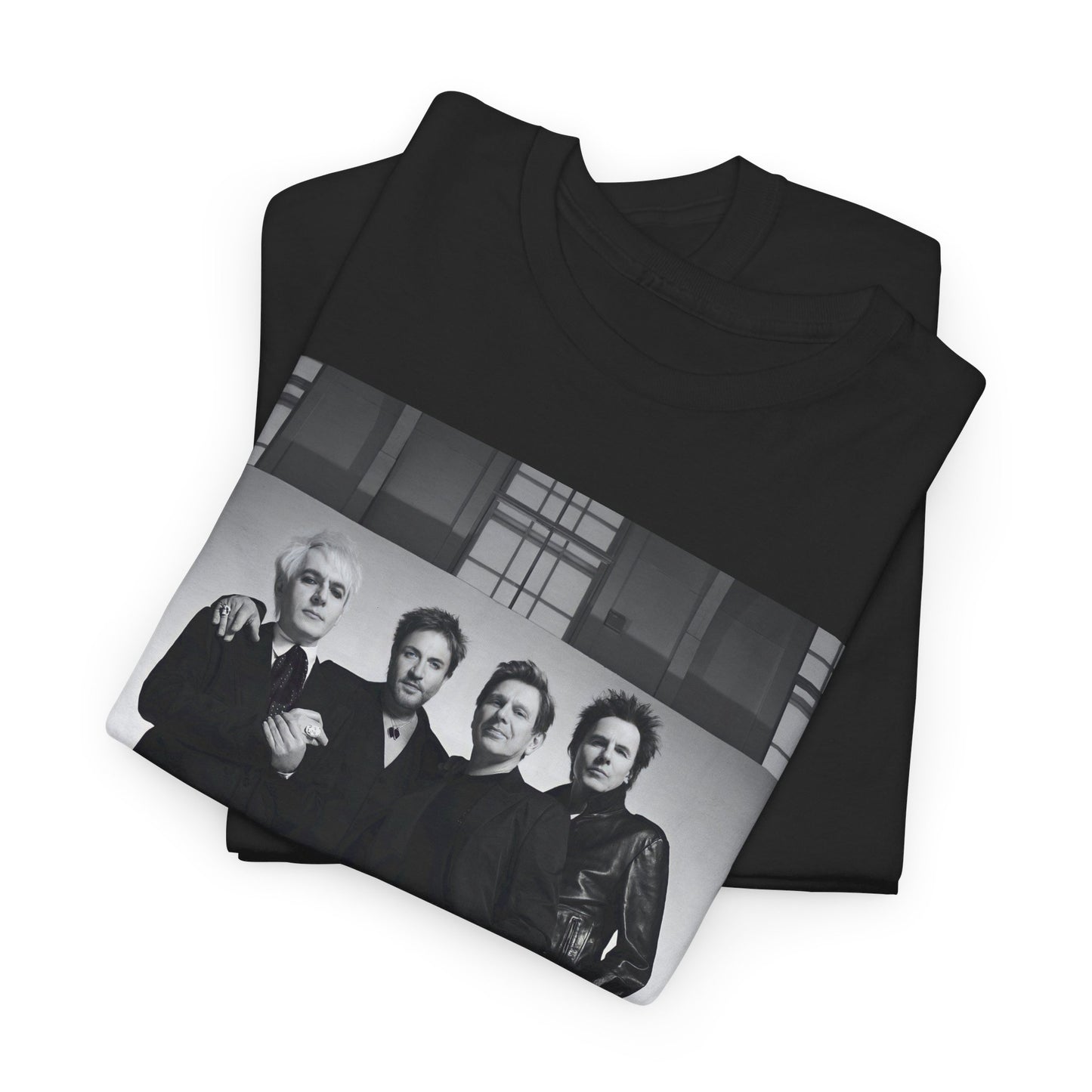 A black graphic t-shirt featuring a glam pop aesthetic graphic of Duran Duran.