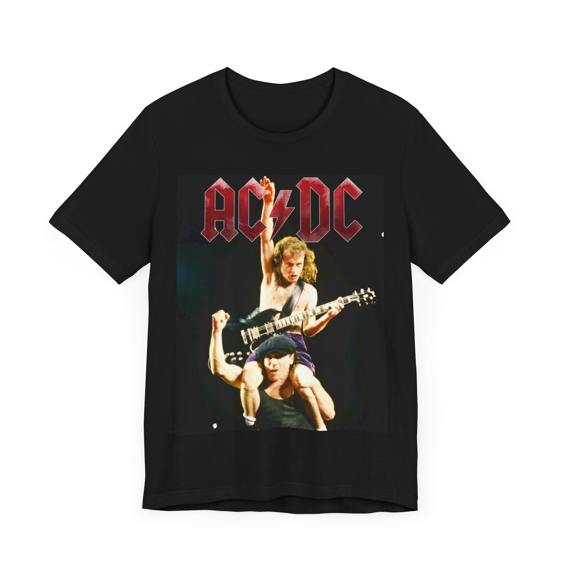 A black graphic t-shirt depicting AC/DC's Angus Young playing guitar while riding on the shoulders of Bon Scott, evocative of their "Highway to Hell" tour performances.