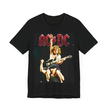 A black graphic t-shirt depicting AC/DC's Angus Young playing guitar while riding on the shoulders of Bon Scott, evocative of their "Highway to Hell" tour performances.