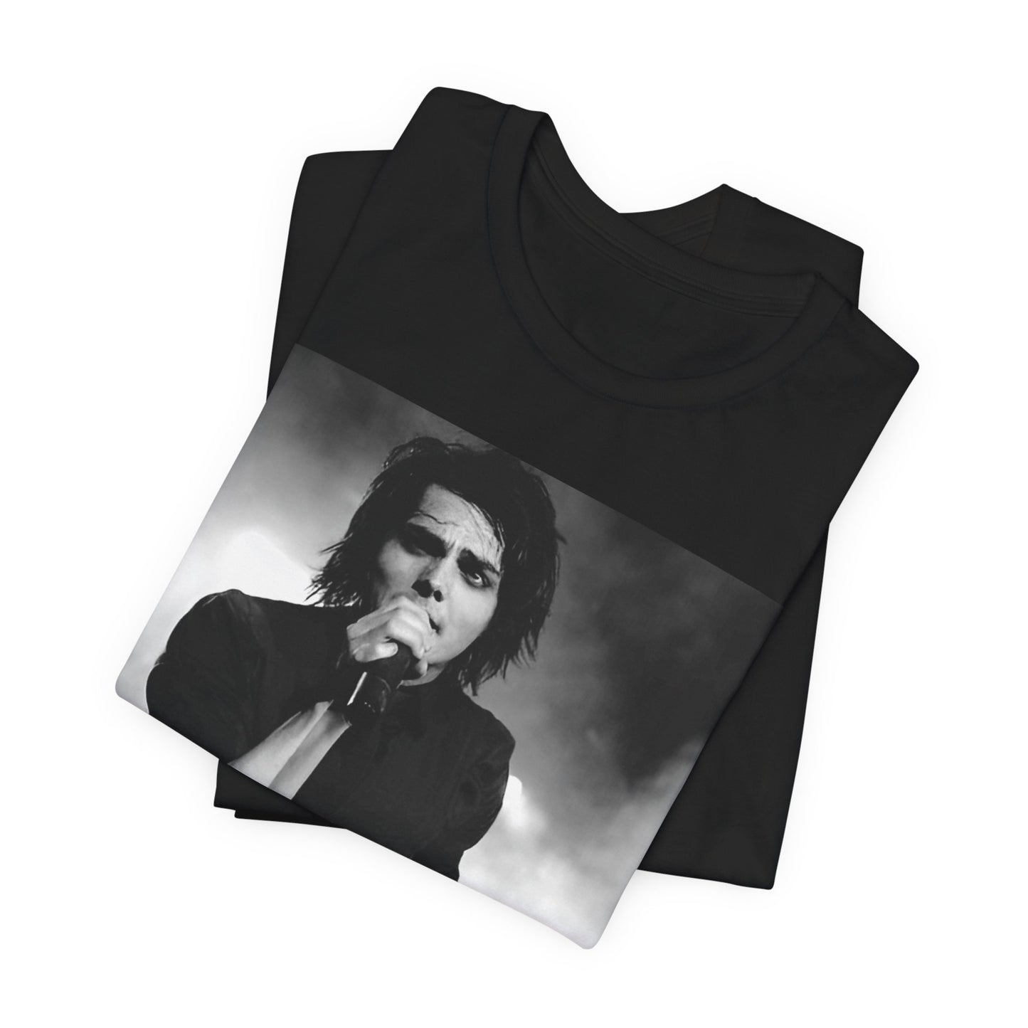 A black graphic t-shirt featuring a black and white graphic or photo of My Chemical Romance performing live in concert.