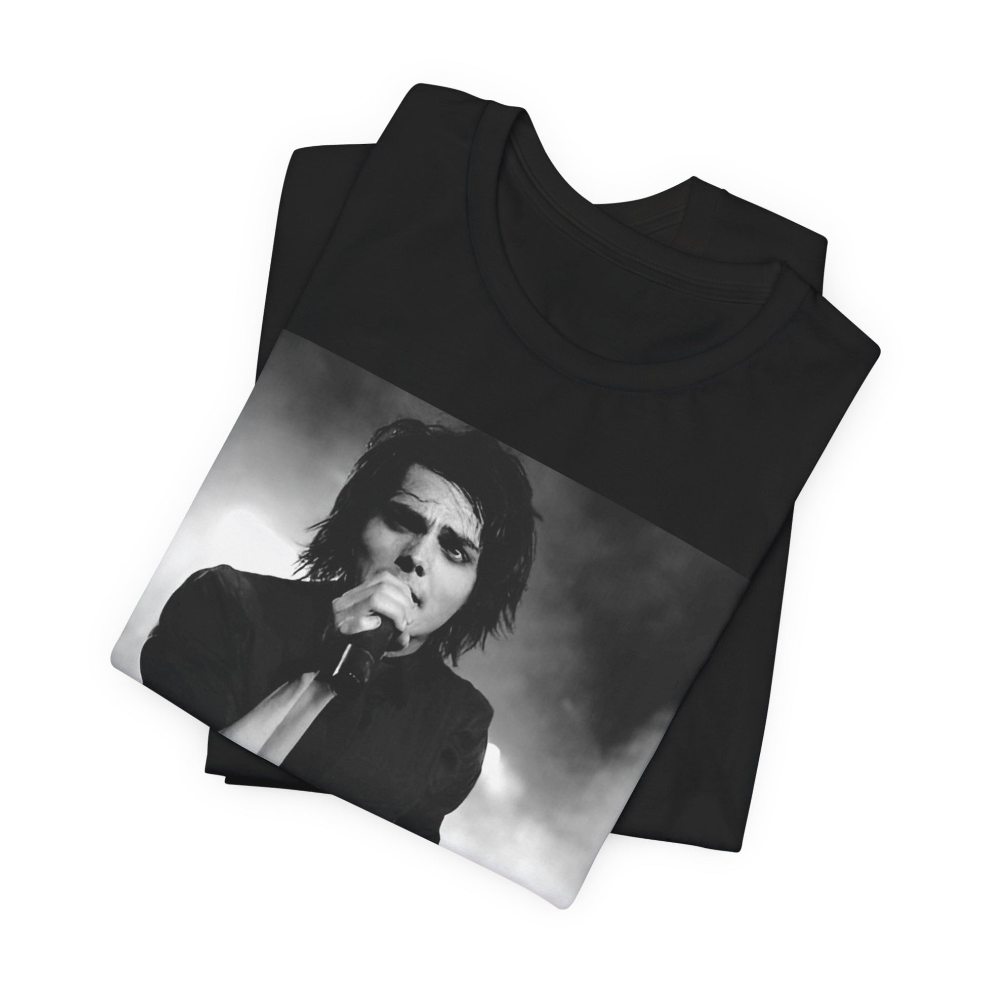 A black graphic t-shirt featuring a black and white graphic or photo of My Chemical Romance performing live in concert.