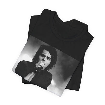 A black graphic t-shirt featuring a black and white graphic or photo of My Chemical Romance performing live in concert.