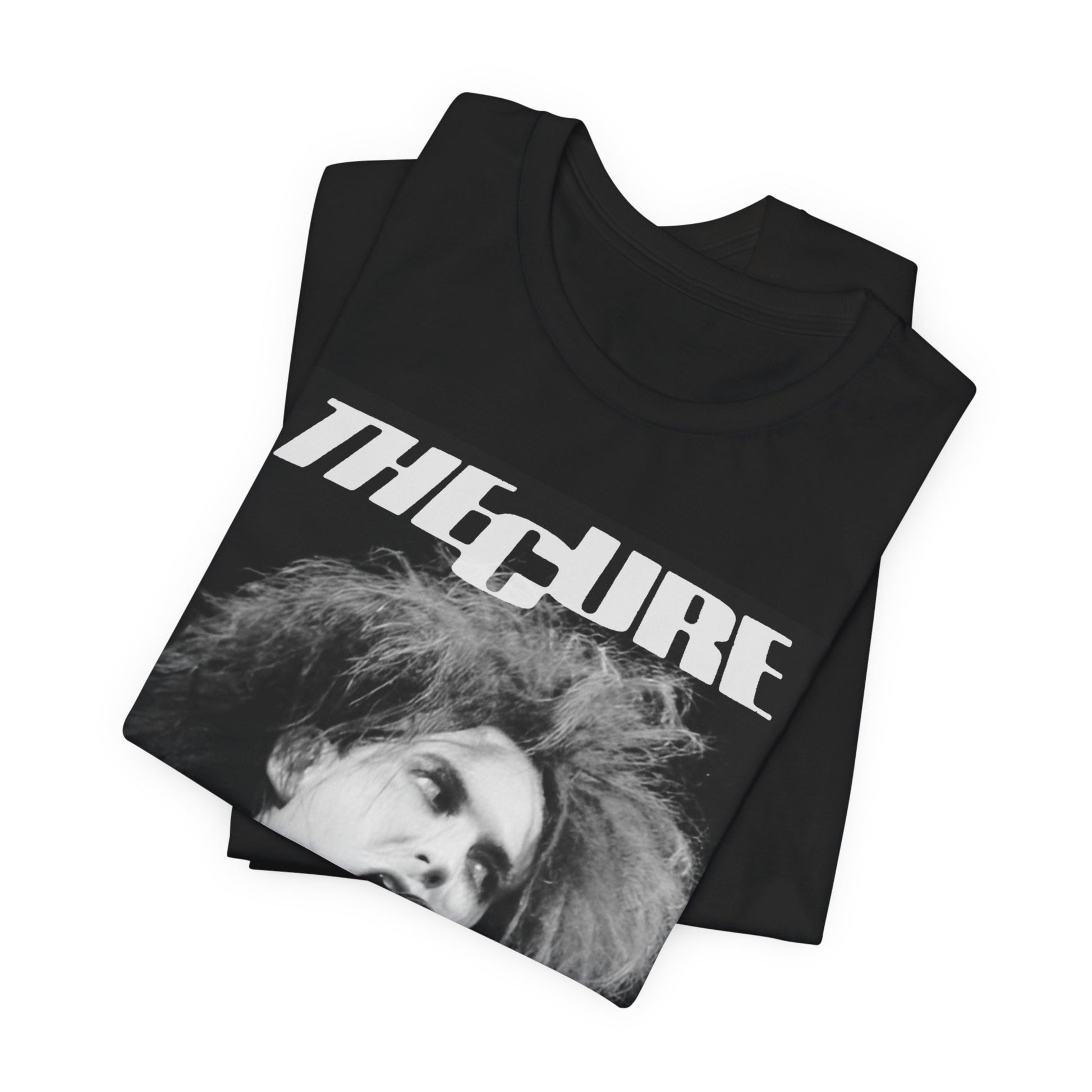 A black graphic t-shirt featuring a graphic of The Cure with a dark romanticism core aesthetic.