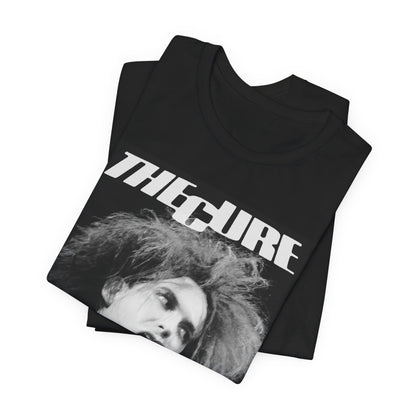 A black graphic t-shirt featuring a graphic of The Cure with a dark romanticism core aesthetic.