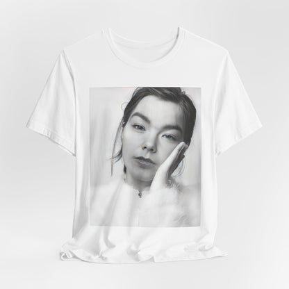 A black graphic t-shirt featuring a graphic related to Bjork's 'Post' album era, possibly with album art elements.
