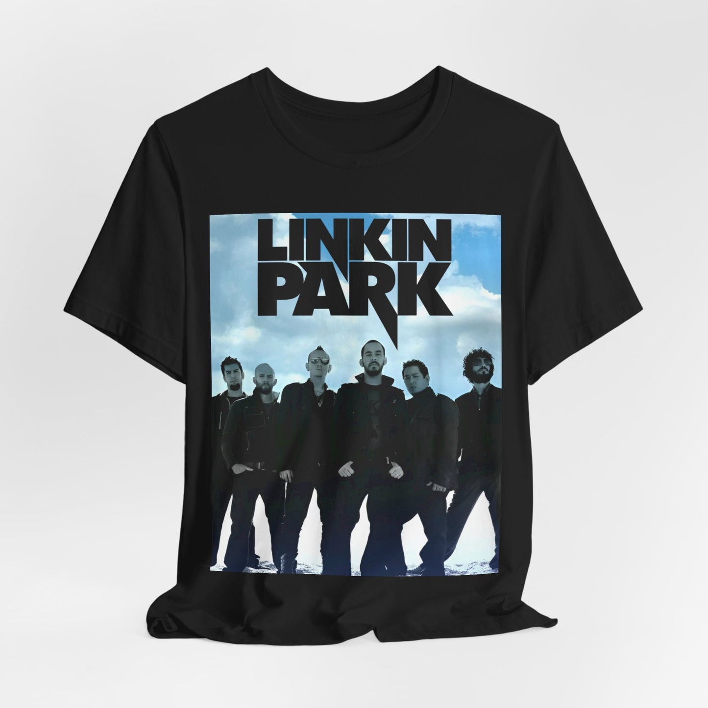 A black graphic t-shirt featuring a vintage graphic related to Linkin Park's 'In the End' song or era.