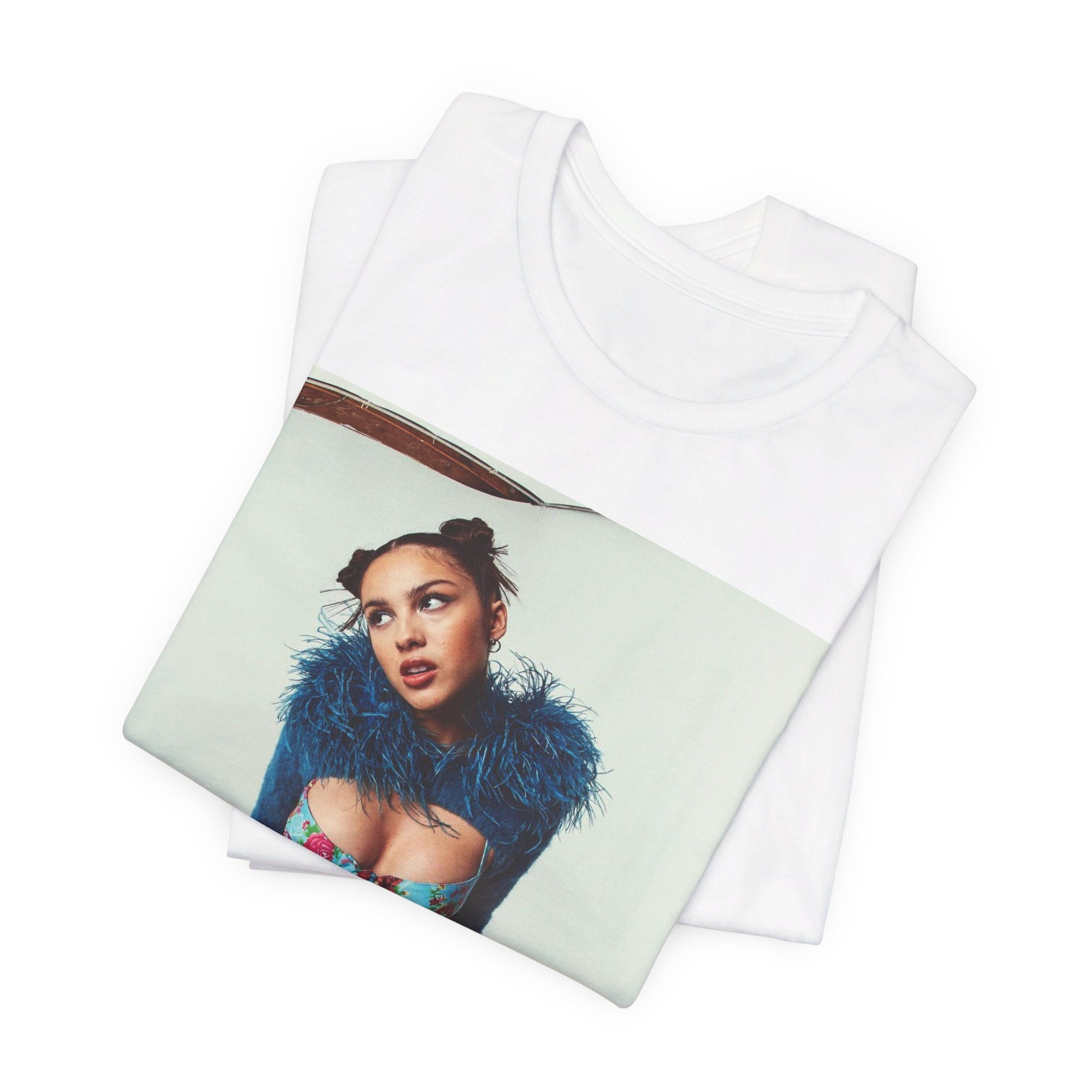 A black graphic t-shirt featuring a graphic of Olivia Rodrigo with 'teen angst vibes'.