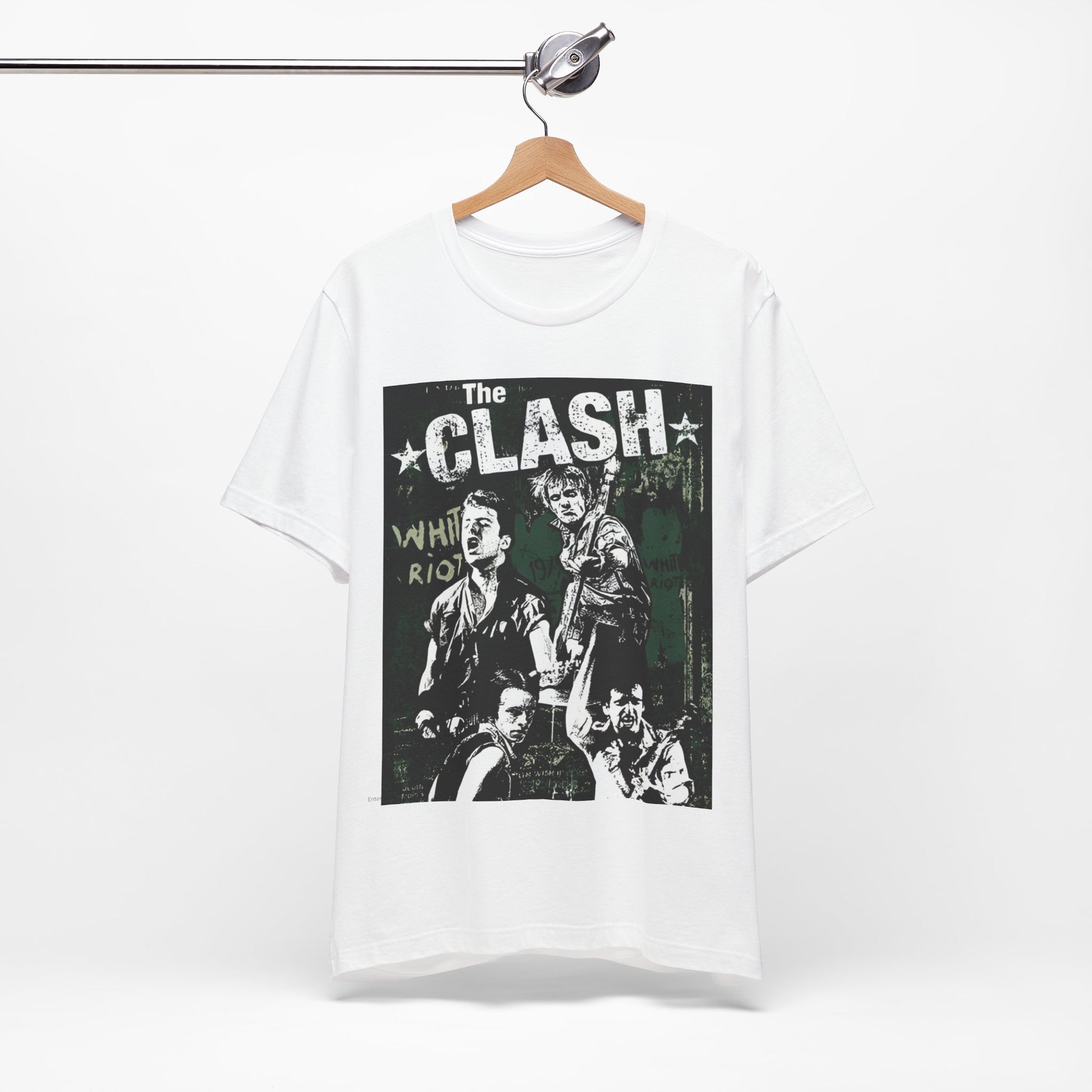 A black graphic t-shirt featuring a graphic related to The Clash's 'White Riot' song.
