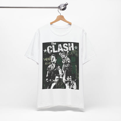 A black graphic t-shirt featuring a graphic related to The Clash's 'White Riot' song.