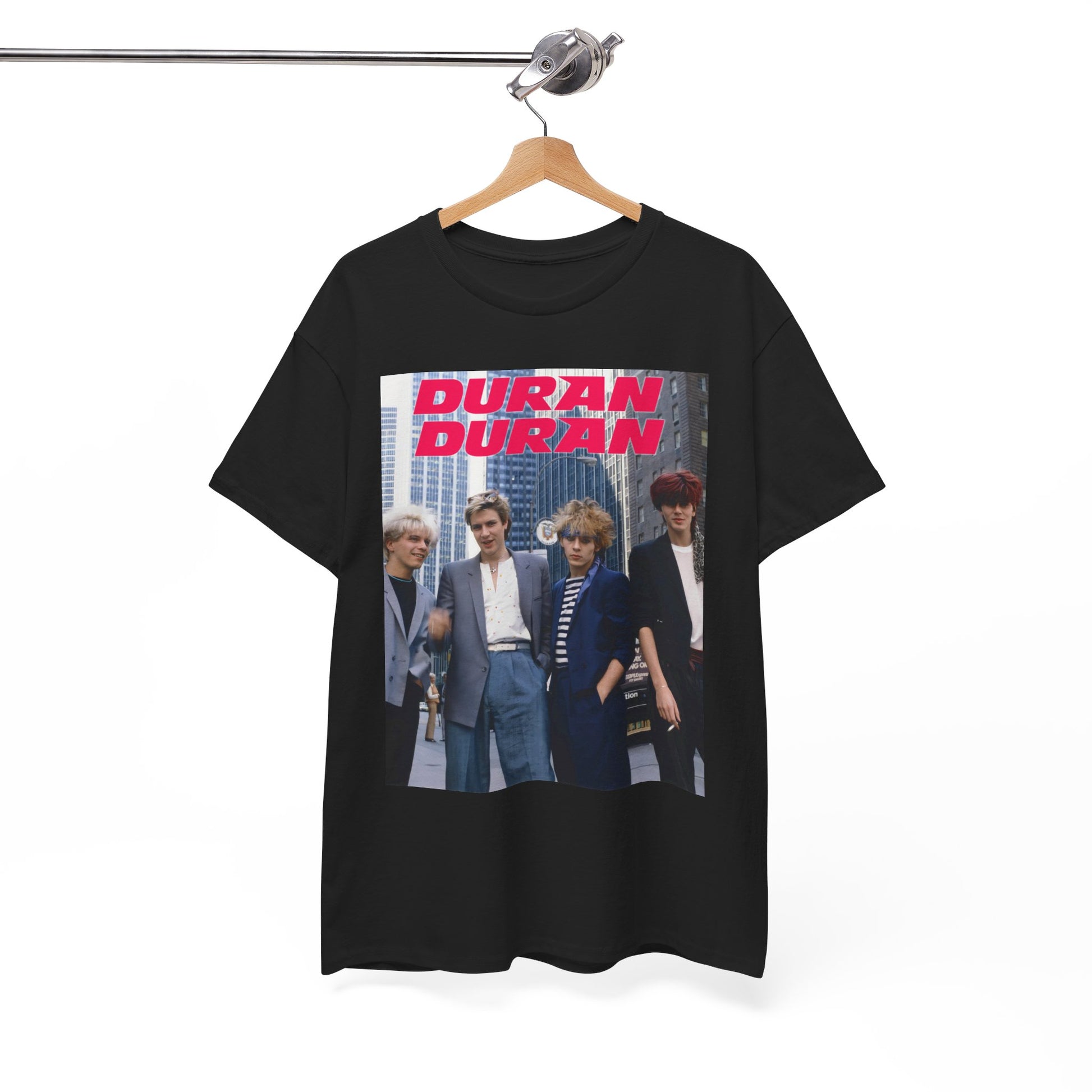 A black graphic t-shirt featuring a vintage 80s new romantic graphic of Duran Duran.