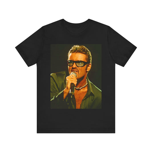 A black graphic t-shirt featuring a graphic related to George Michael's 'Freedom! '90' song.
