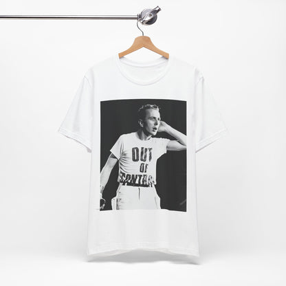A black graphic t-shirt featuring a black and white graphic or photo portrait of Joe Strummer from The Clash.