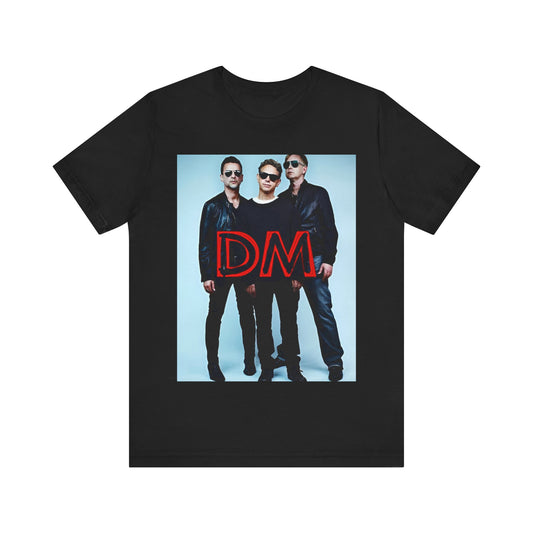 A black graphic t-shirt featuring a retro electropop graphic of Depeche Mode.