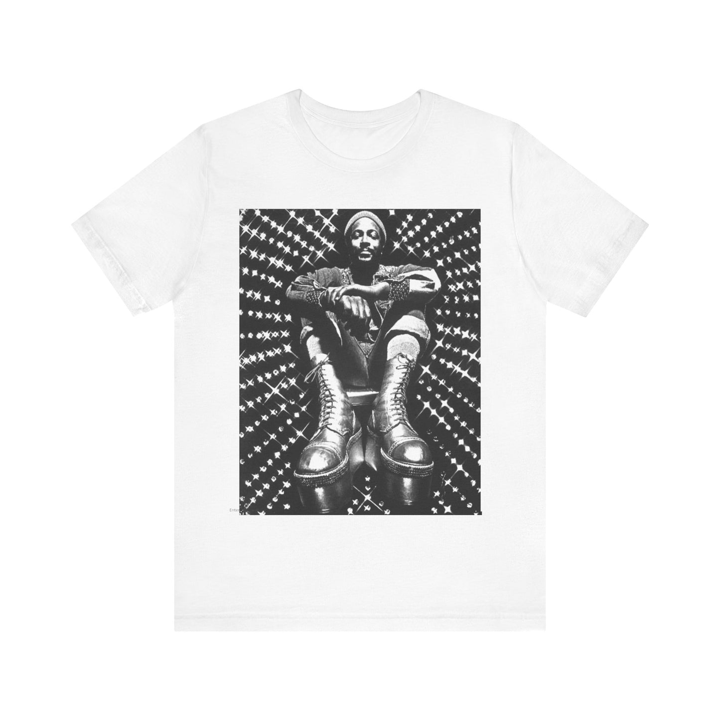 A black graphic t-shirt featuring a black and white vintage soul icon graphic of Marvin Gaye.