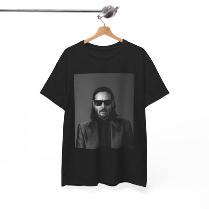 A black graphic t-shirt featuring an aesthetic graphic of Keanu Reeves as an action hero.