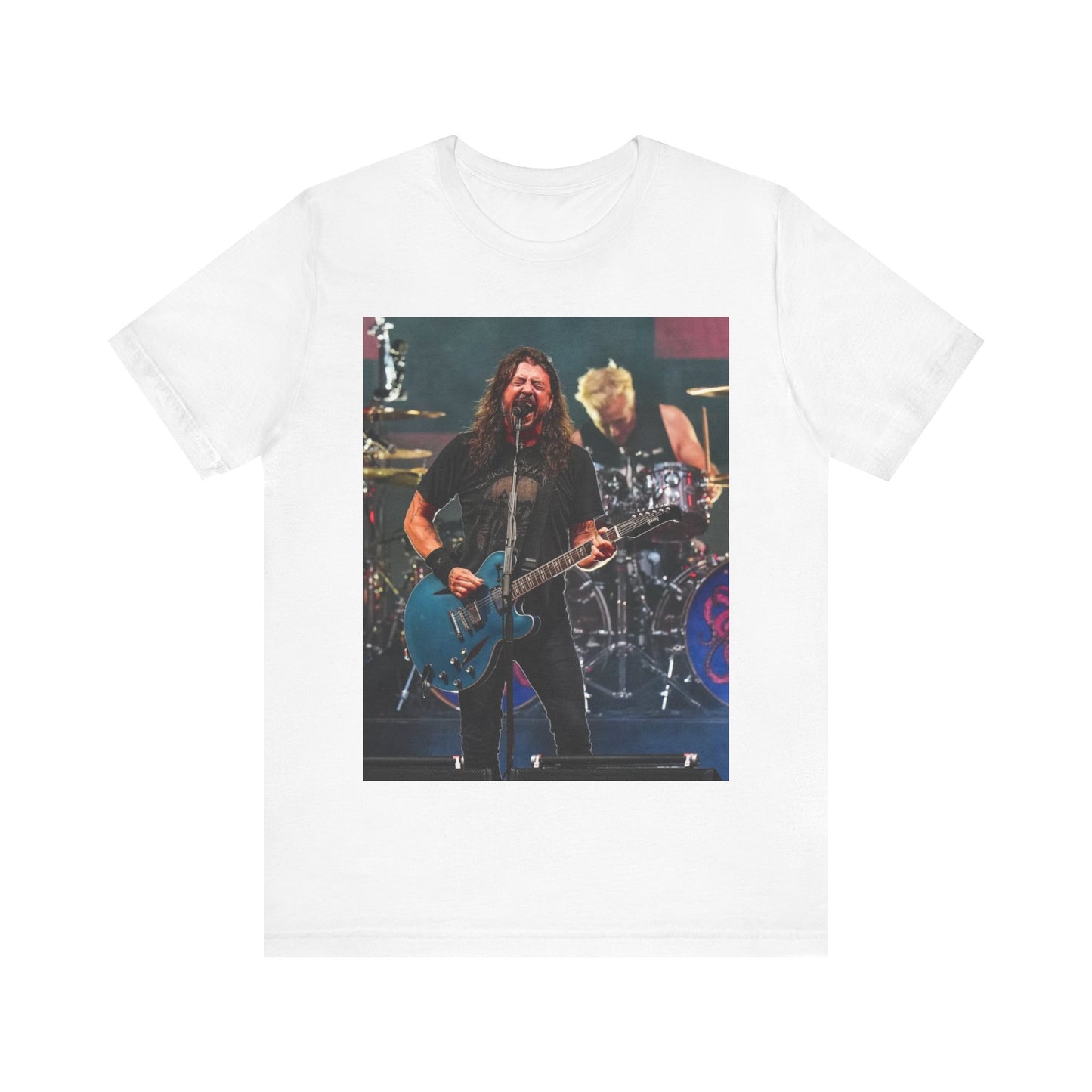 A black graphic t-shirt featuring a graphic of Foo Fighters as stadium rockstars.