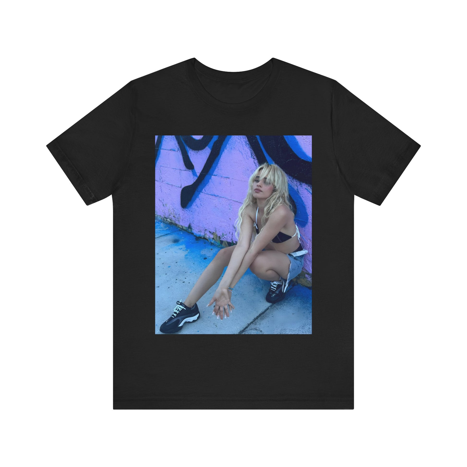 A black graphic t-shirt featuring a photo of Camila Cabello from her "Romance" album era.