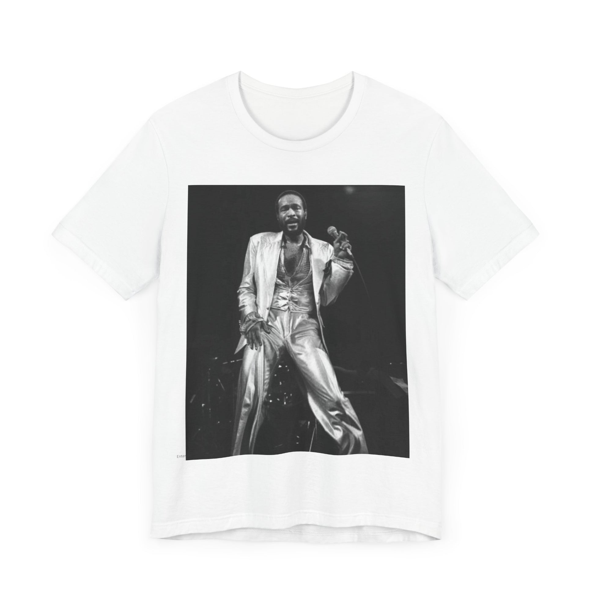 A black graphic t-shirt featuring a live graphic related to Marvin Gaye's 'Sexual Healing' song or era.