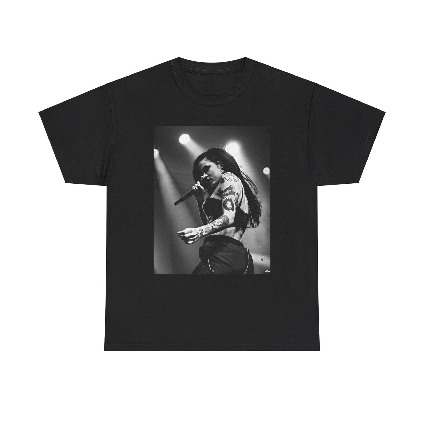 A black graphic t-shirt featuring a glamorous graphic or photo of Kehlani performing on stage.
