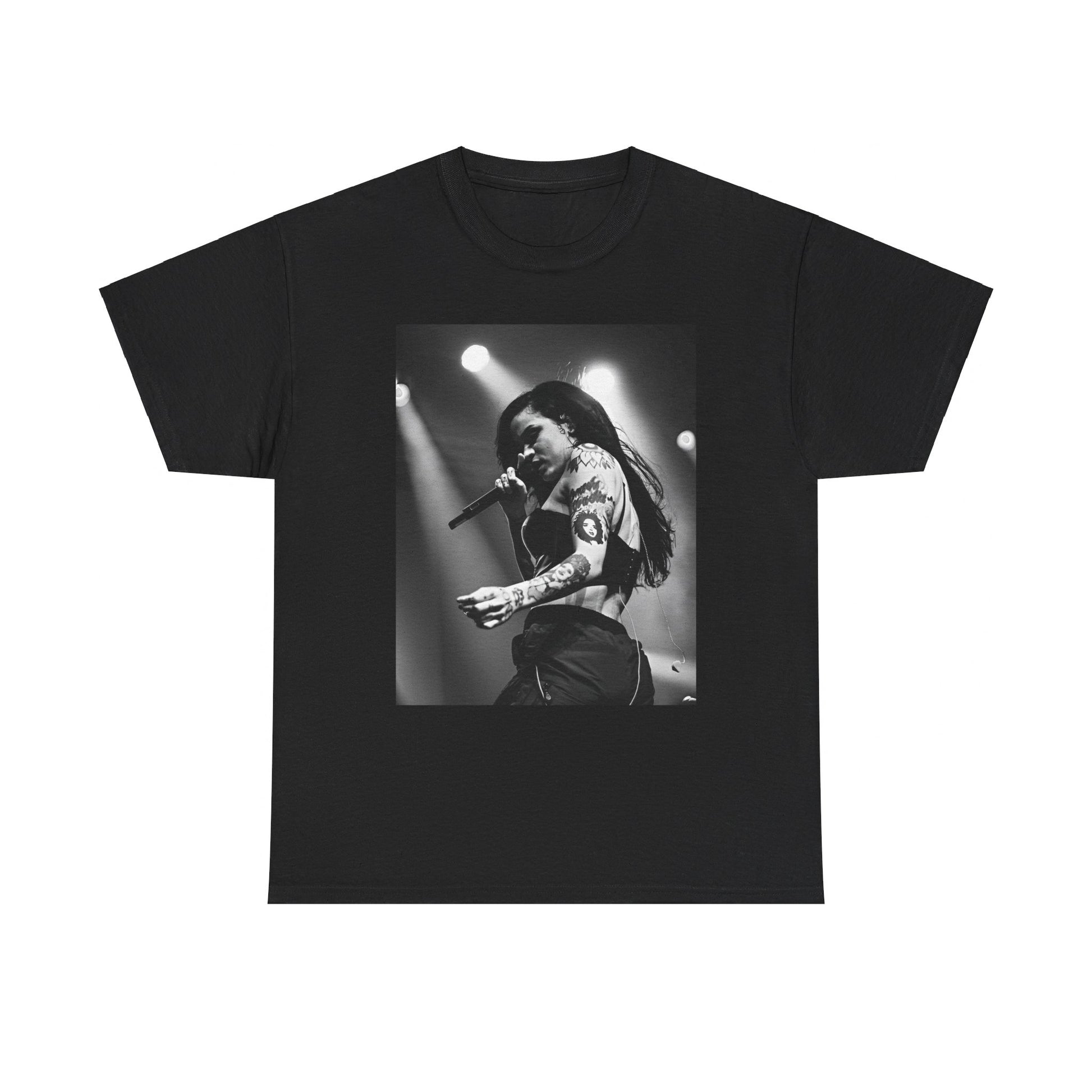 A black graphic t-shirt featuring a glamorous graphic or photo of Kehlani performing on stage.