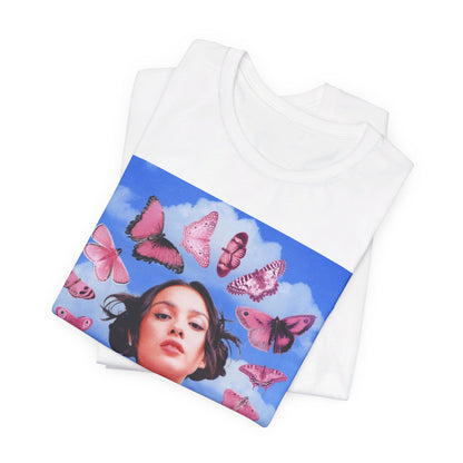 A black graphic t-shirt featuring a graphic related to Olivia Rodrigo's 'Drivers License' song or era.