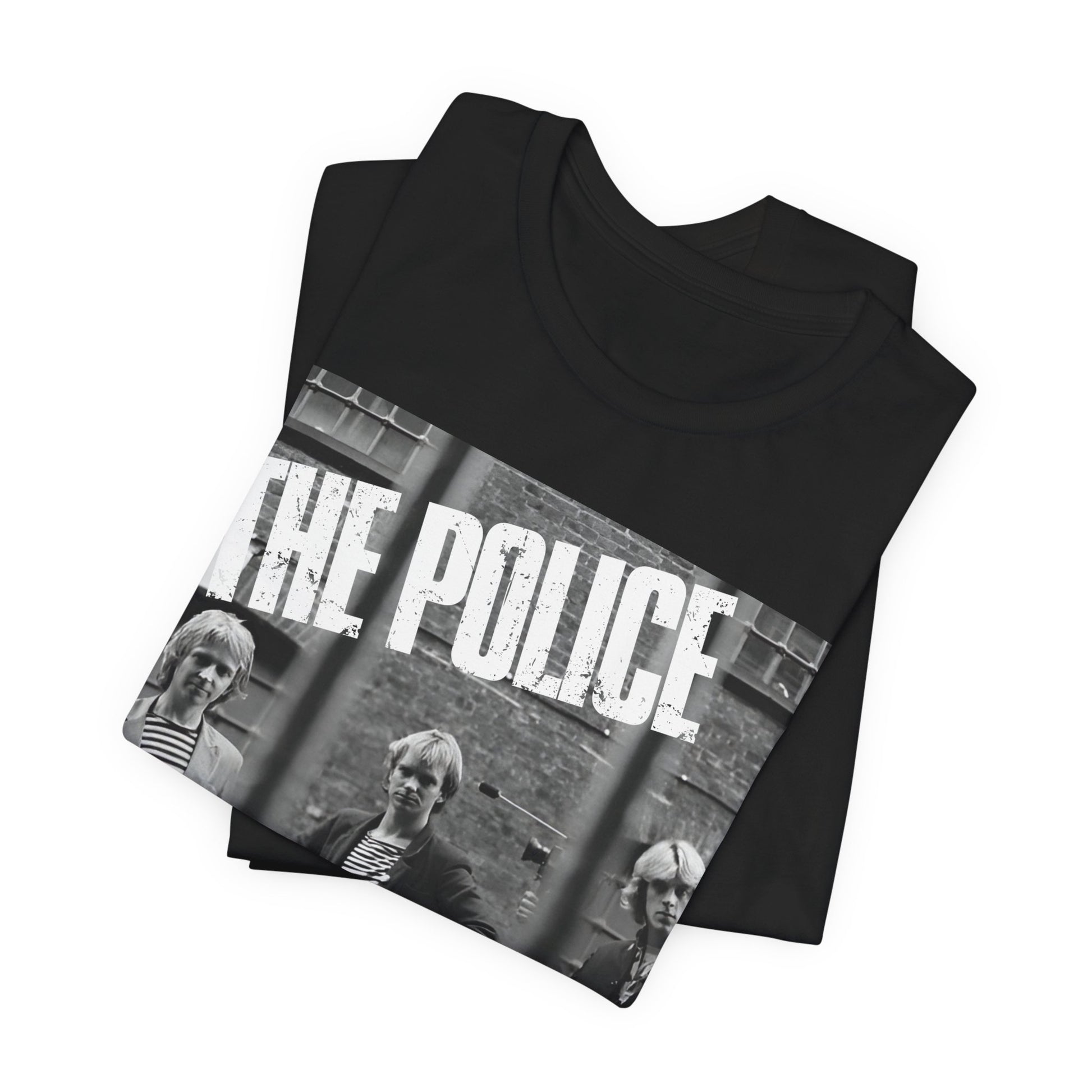 A black graphic t-shirt featuring a vintage new wave icon graphic of The Police.