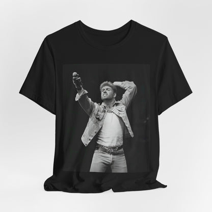 A black graphic t-shirt featuring a graphic or photo of George Michael performing live on stage.