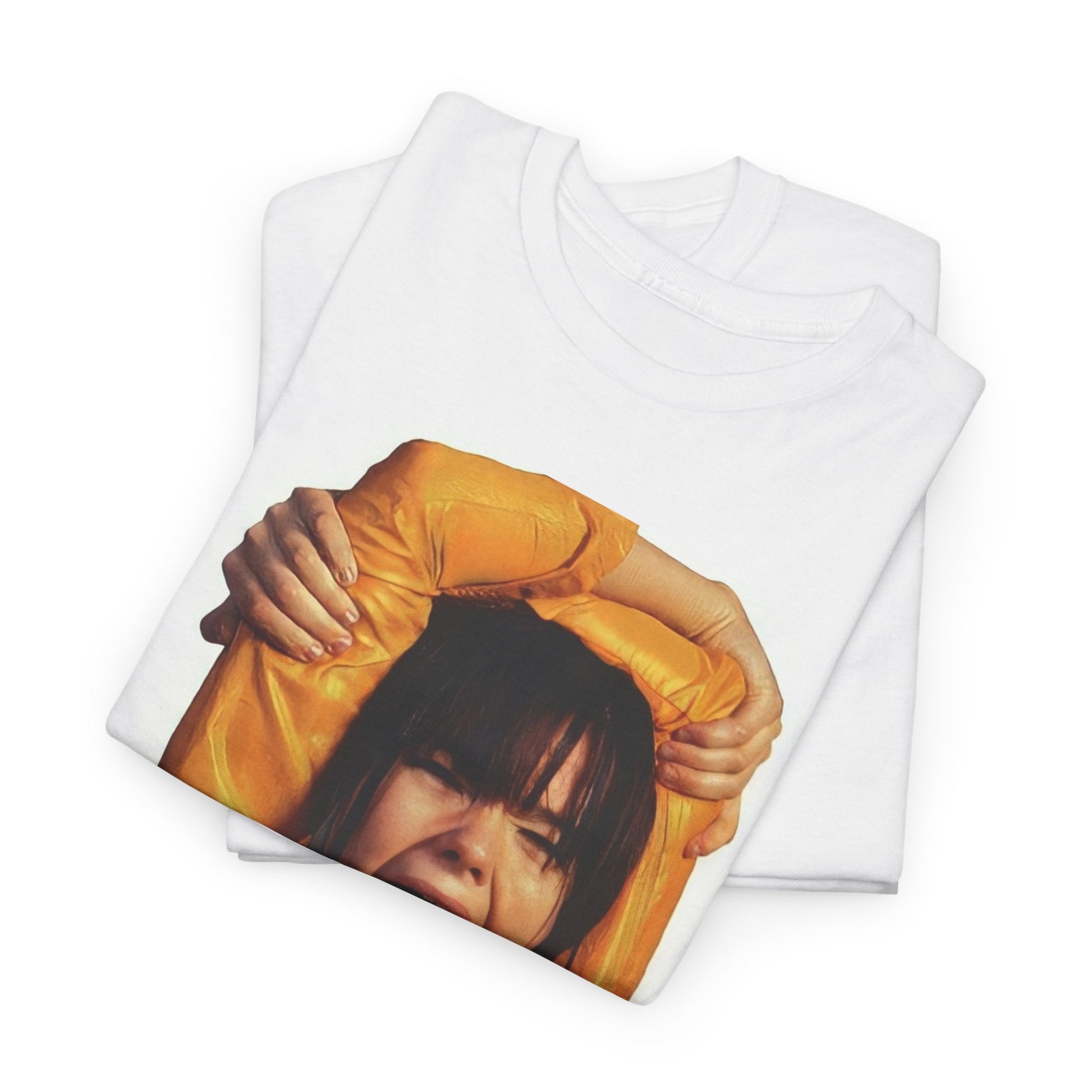 A black graphic t-shirt featuring a photo of Bjork with her tongue playfully sticking out.