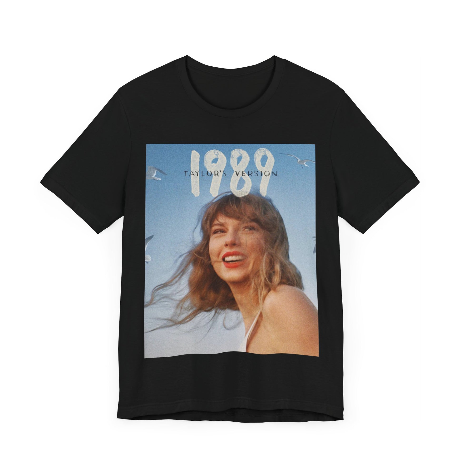 A black graphic t-shirt featuring a graphic related to Taylor Swift's 1989 album.