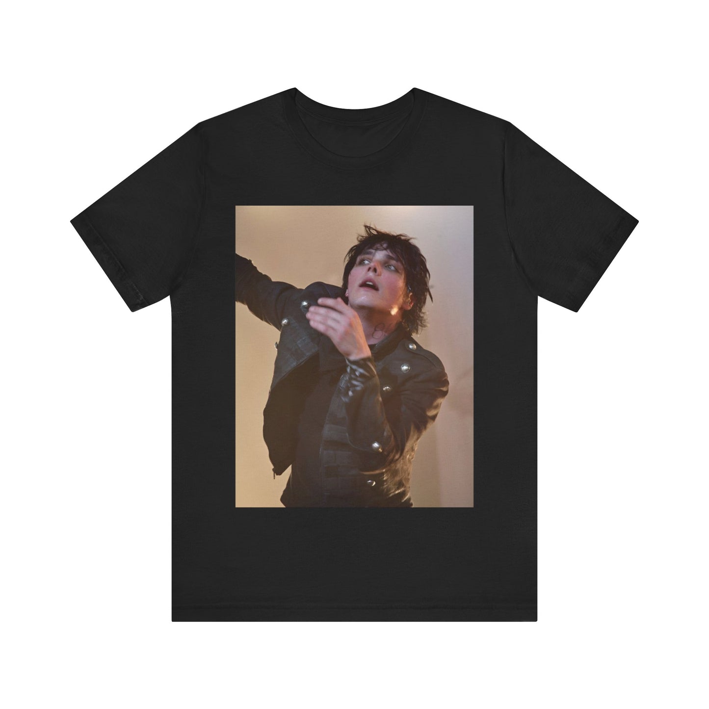 A black graphic t-shirt featuring a graphic or photo of My Chemical Romance performing live on stage.