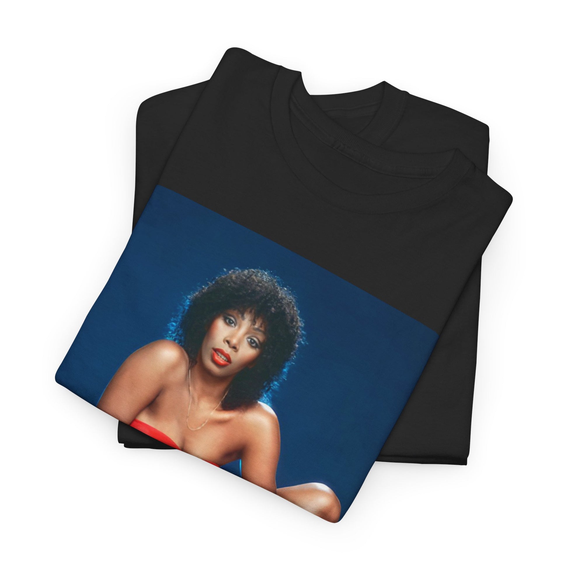 A black graphic t-shirt featuring a graphic of Donna Summer, designed in a Studio 54 style.